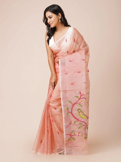 Peach Pure Muslin Saree With Floral Motifs and Birds