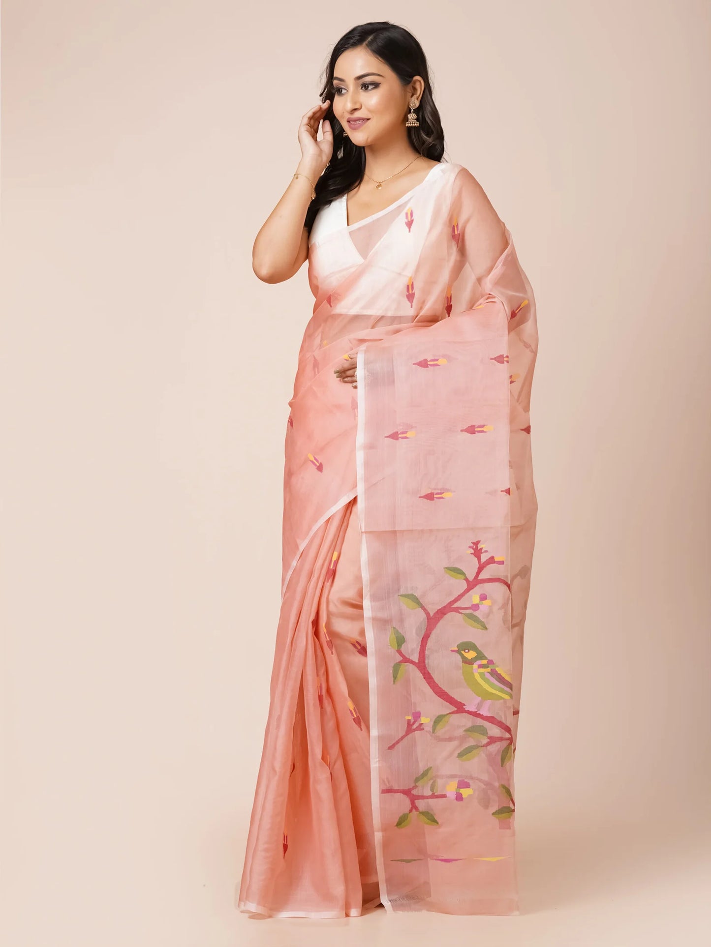 Peach Pure Muslin Saree With Floral Motifs and Birds