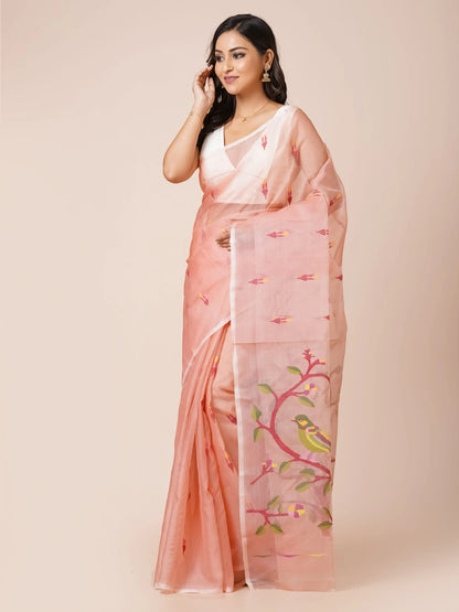 Peach Pure Muslin Saree With Floral Motifs and Birds
