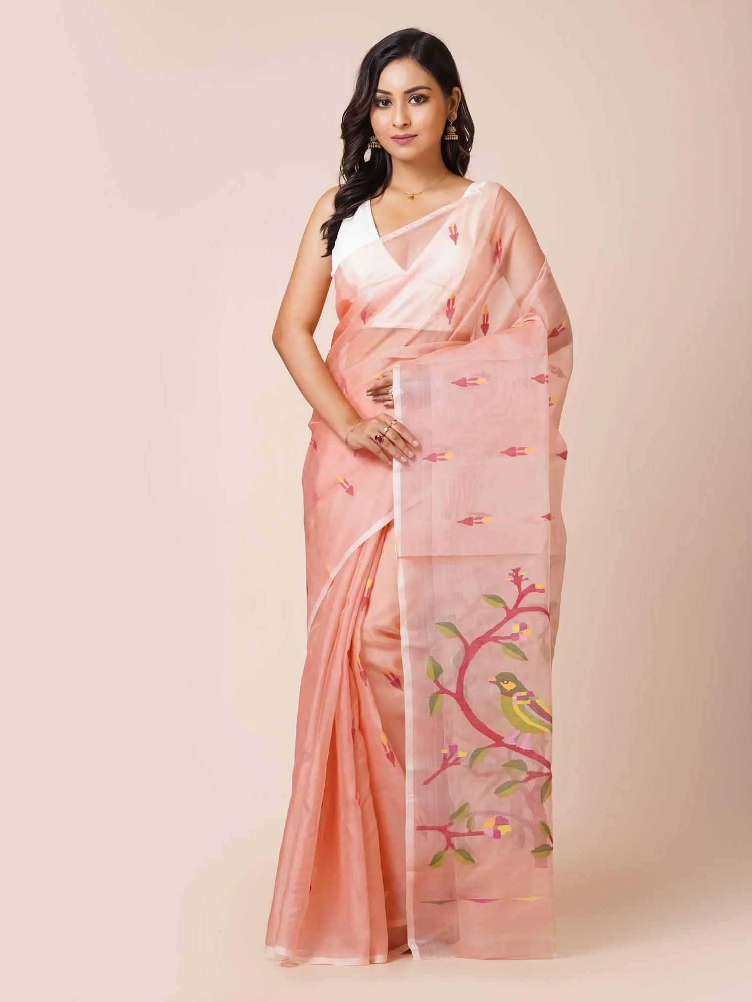 Peach Pure Muslin Saree With Floral Motifs and Birds