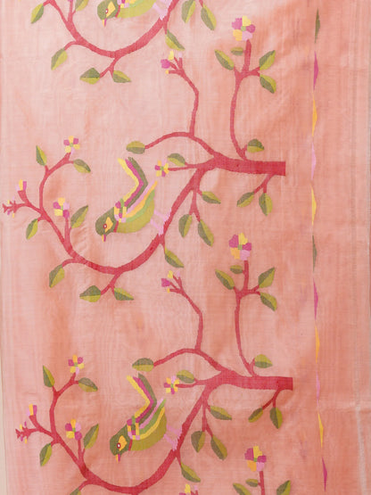 Peach Pure Muslin Saree With Floral Motifs and Birds