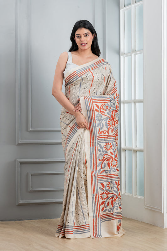 White Kantha Stitch  Saree with on tussar Saree