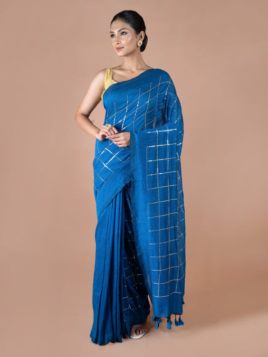 Blue Cotton Sequins Saree
