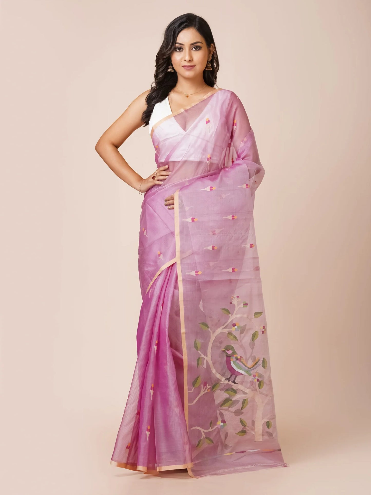 Onion Pink Pure Bengal Muslin Jamdani Saree