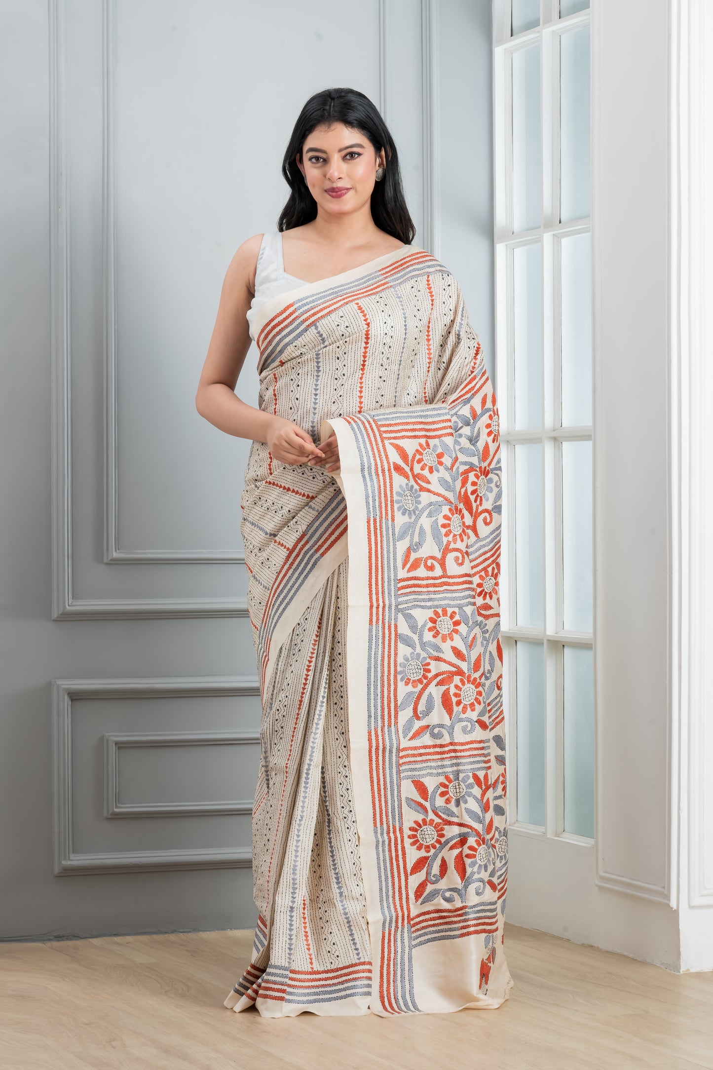 White Kantha Stitch  Saree with on tussar Saree