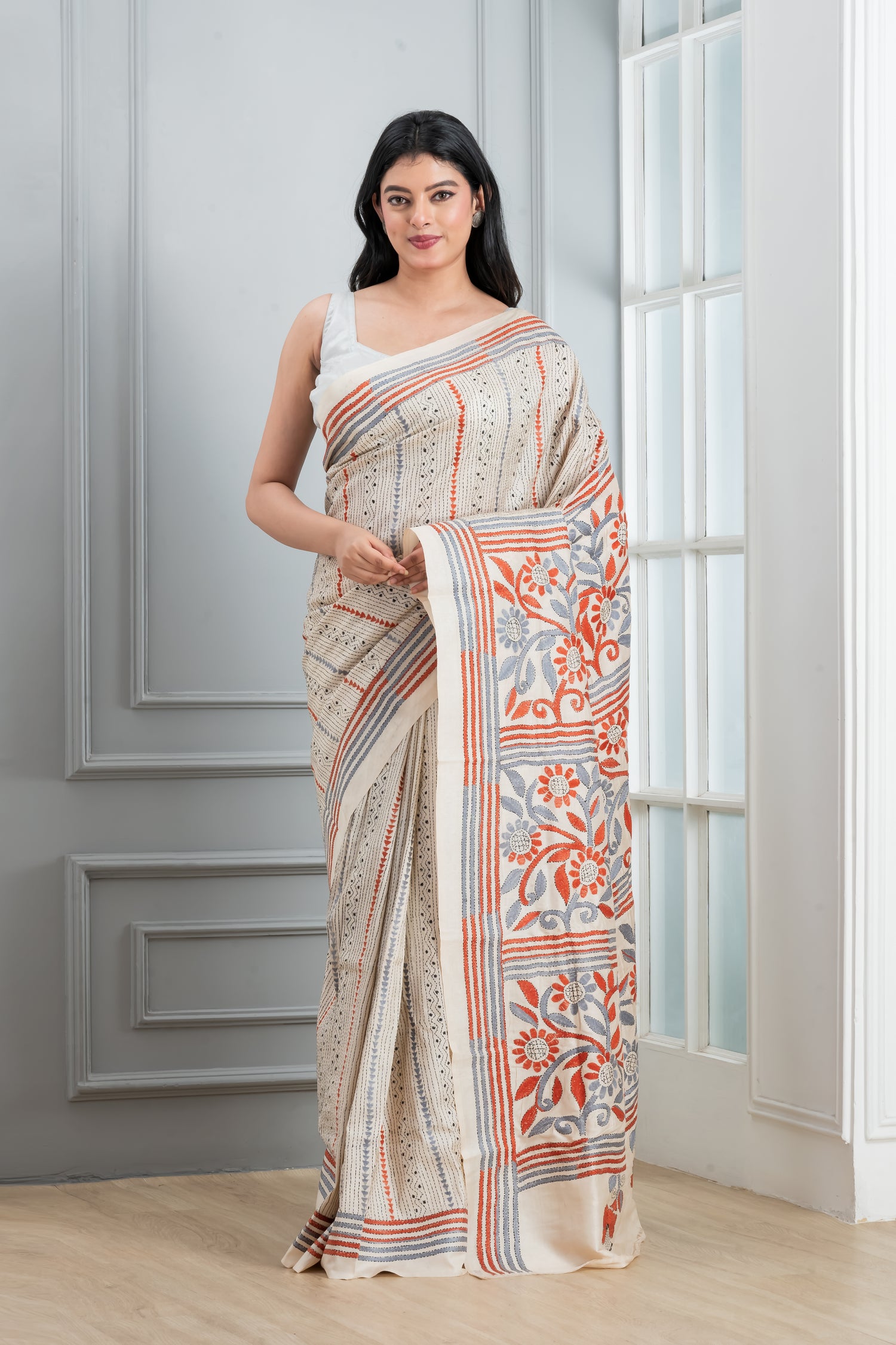 White Kantha Stitch  Saree with on tussar Saree