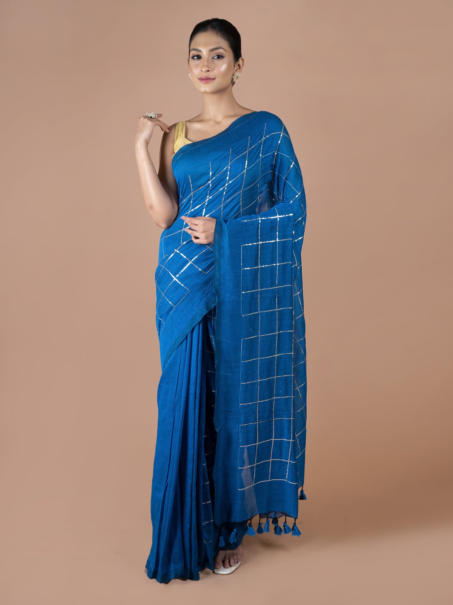 Blue Cotton Sequins Saree