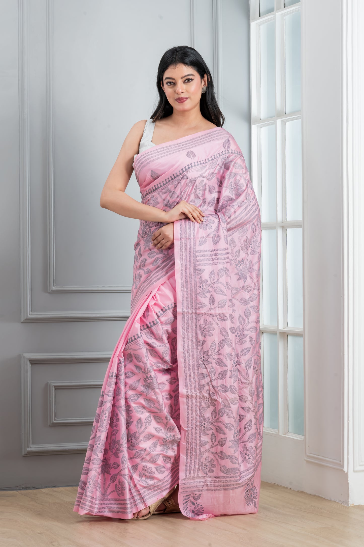 Pink Kantha stitch Saree