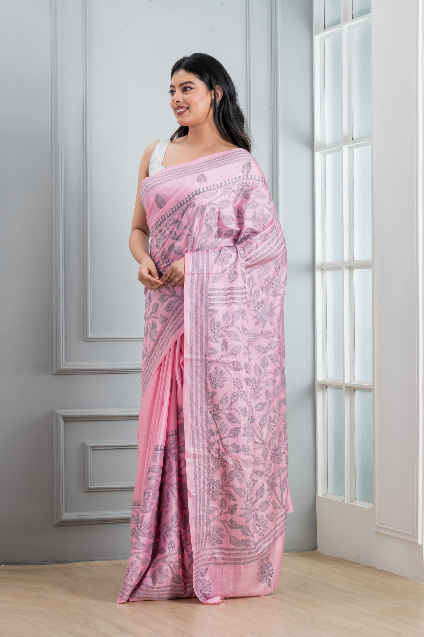 Pink Kantha stitch Saree