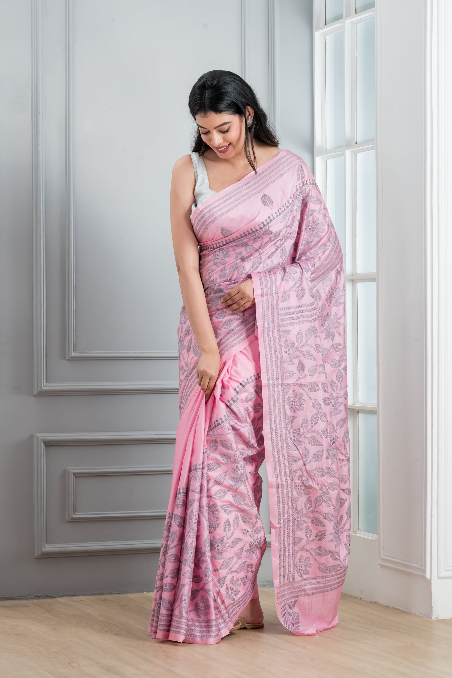 Pink Kantha stitch Saree
