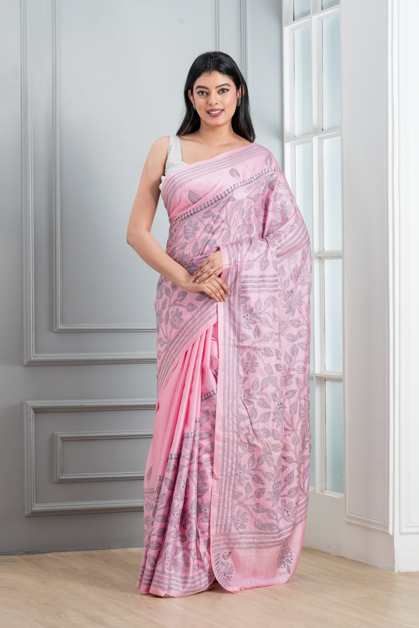 Pink Kantha stitch Saree