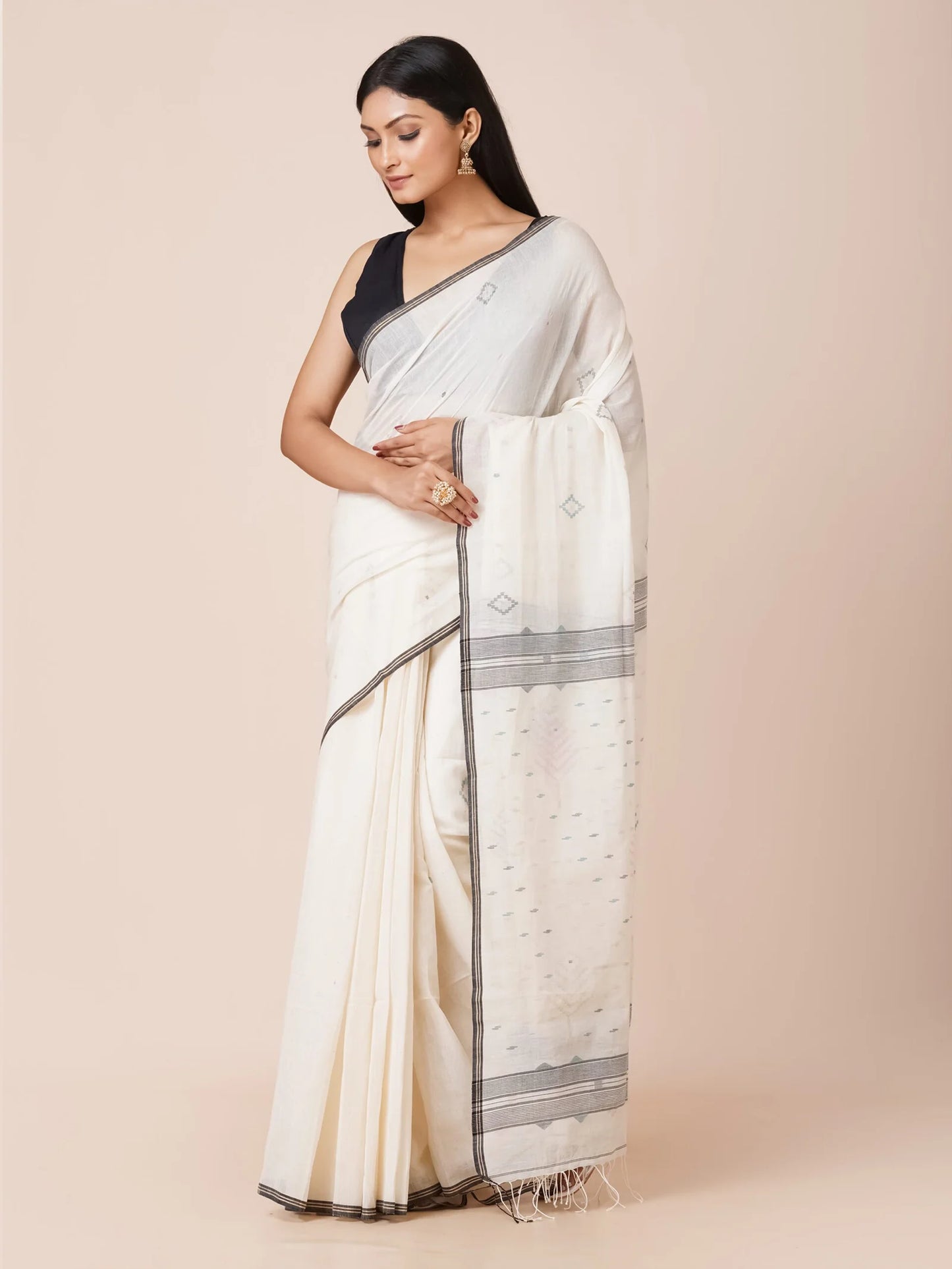 WHITE PHULIA JAMDAI SAREE