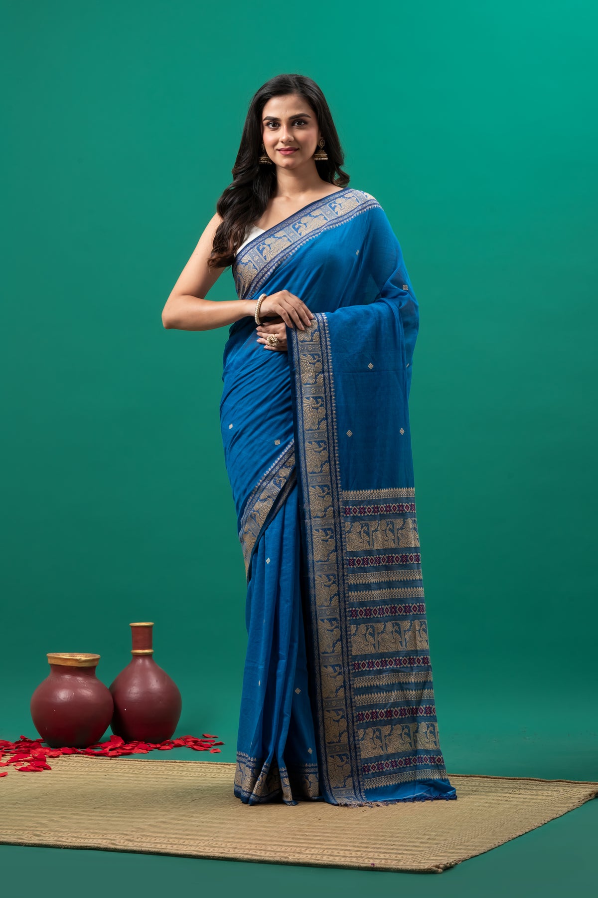 Blue Cotton Baluchuri Saree