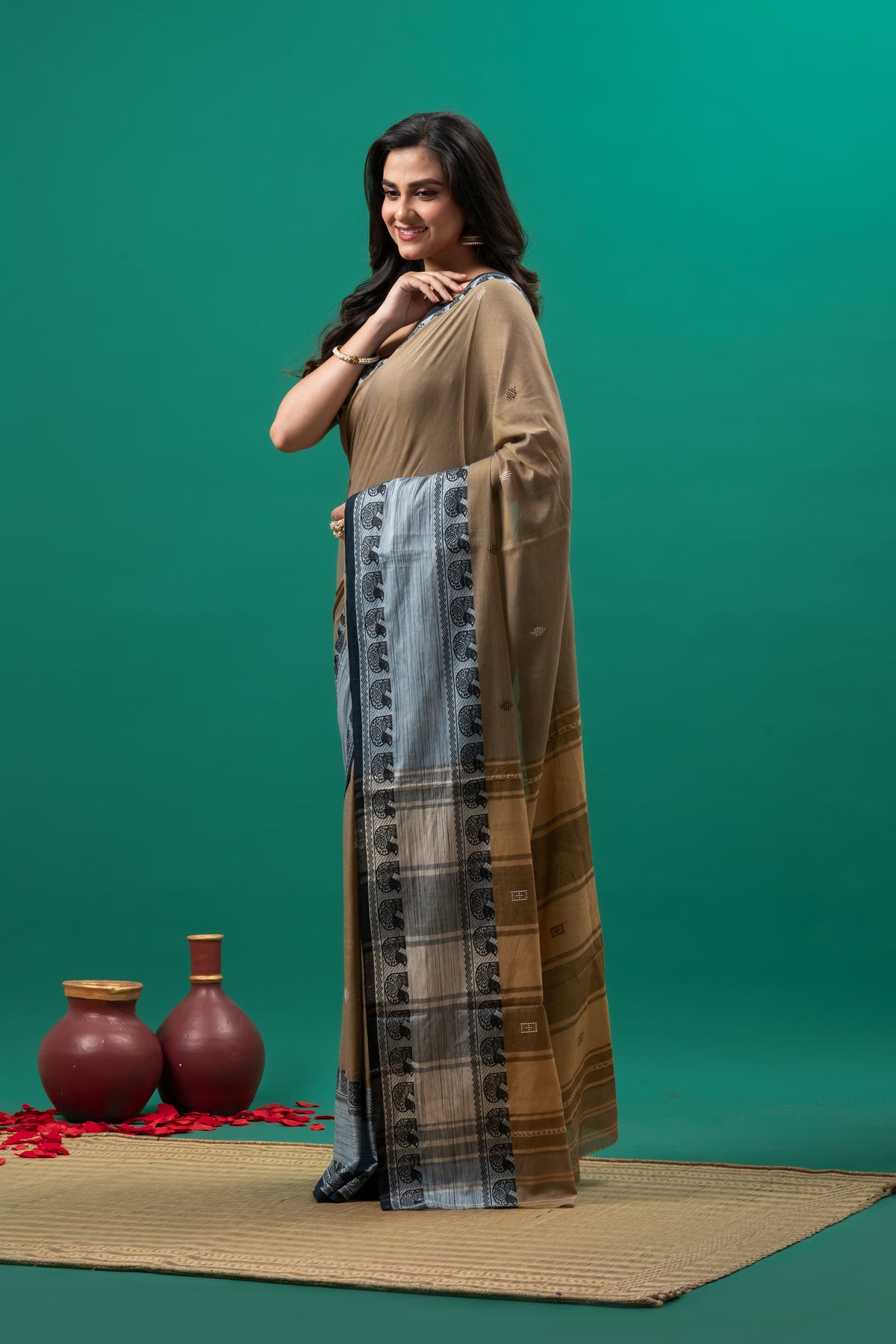 Brown with Grey Border Pure Cotton Handwoven saree