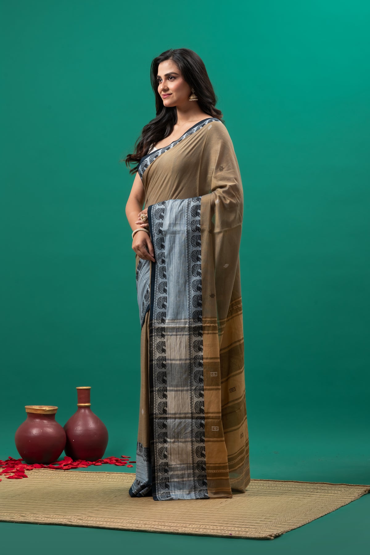 Brown with Grey Border Pure Cotton Handwoven saree