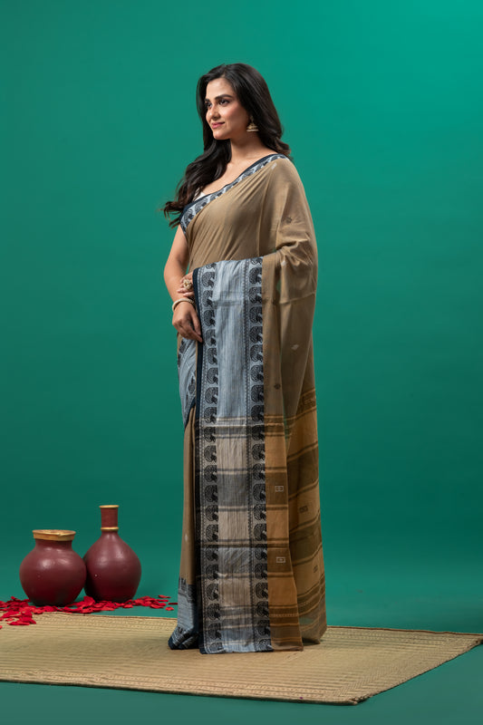 Brown with Grey Border Pure Cotton Handwoven saree