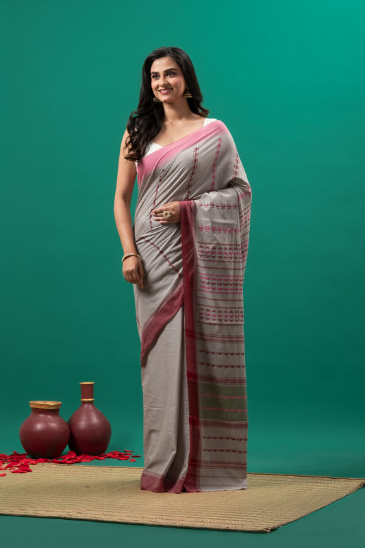 Grey and pink Mata par Pure Cotton Handwoven Dhanekhali Saree