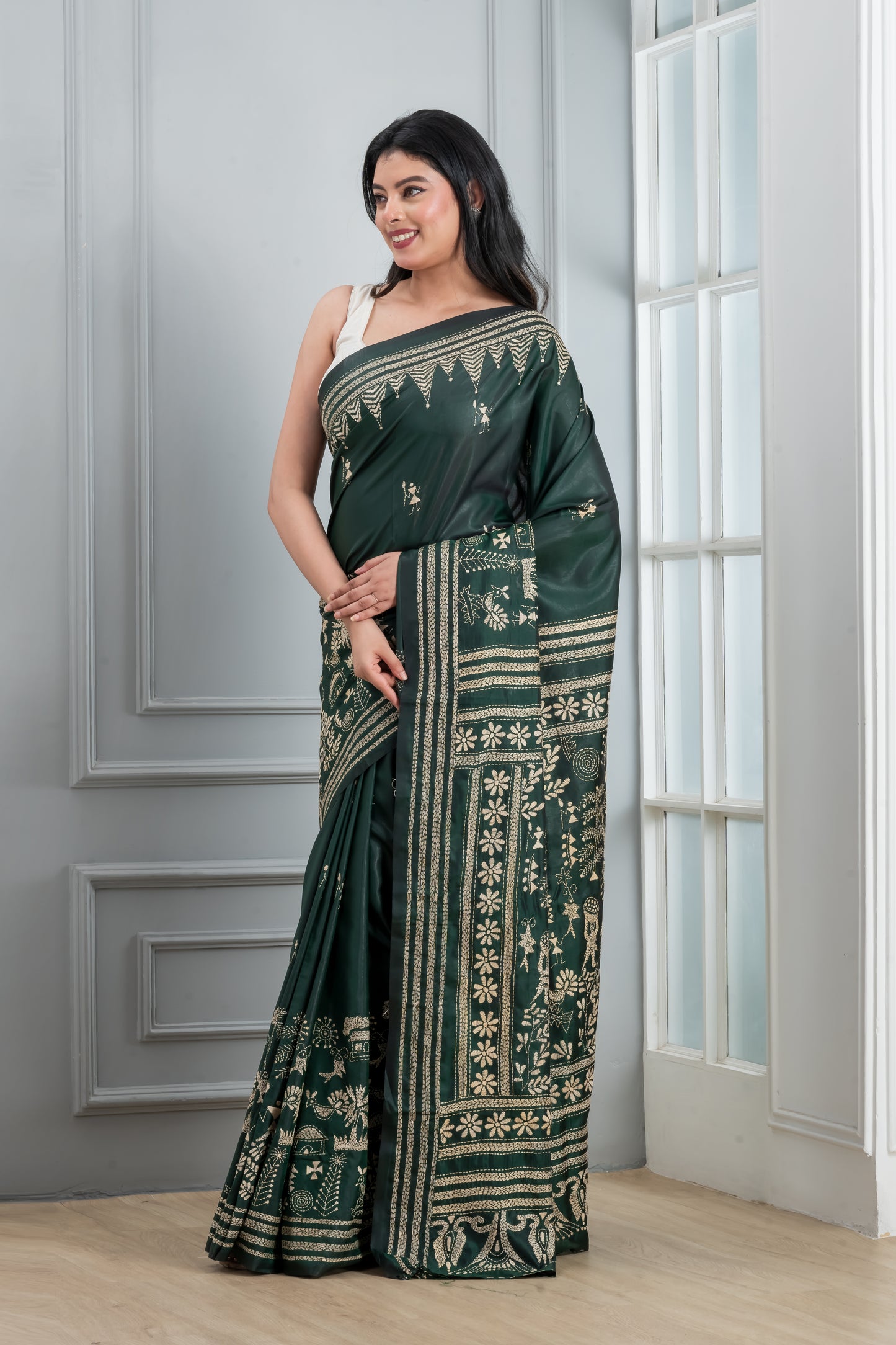 Green hand Kantha stitch saree