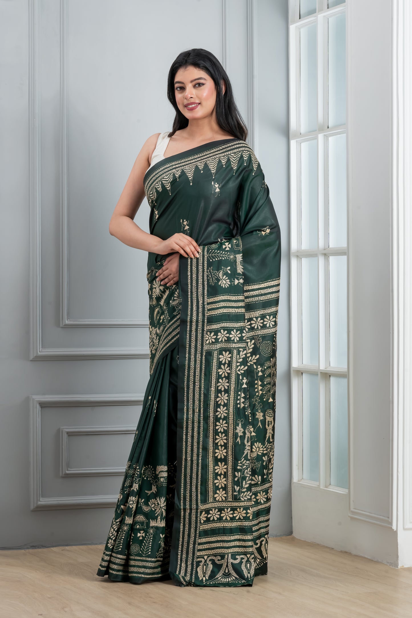 Green hand Kantha stitch saree