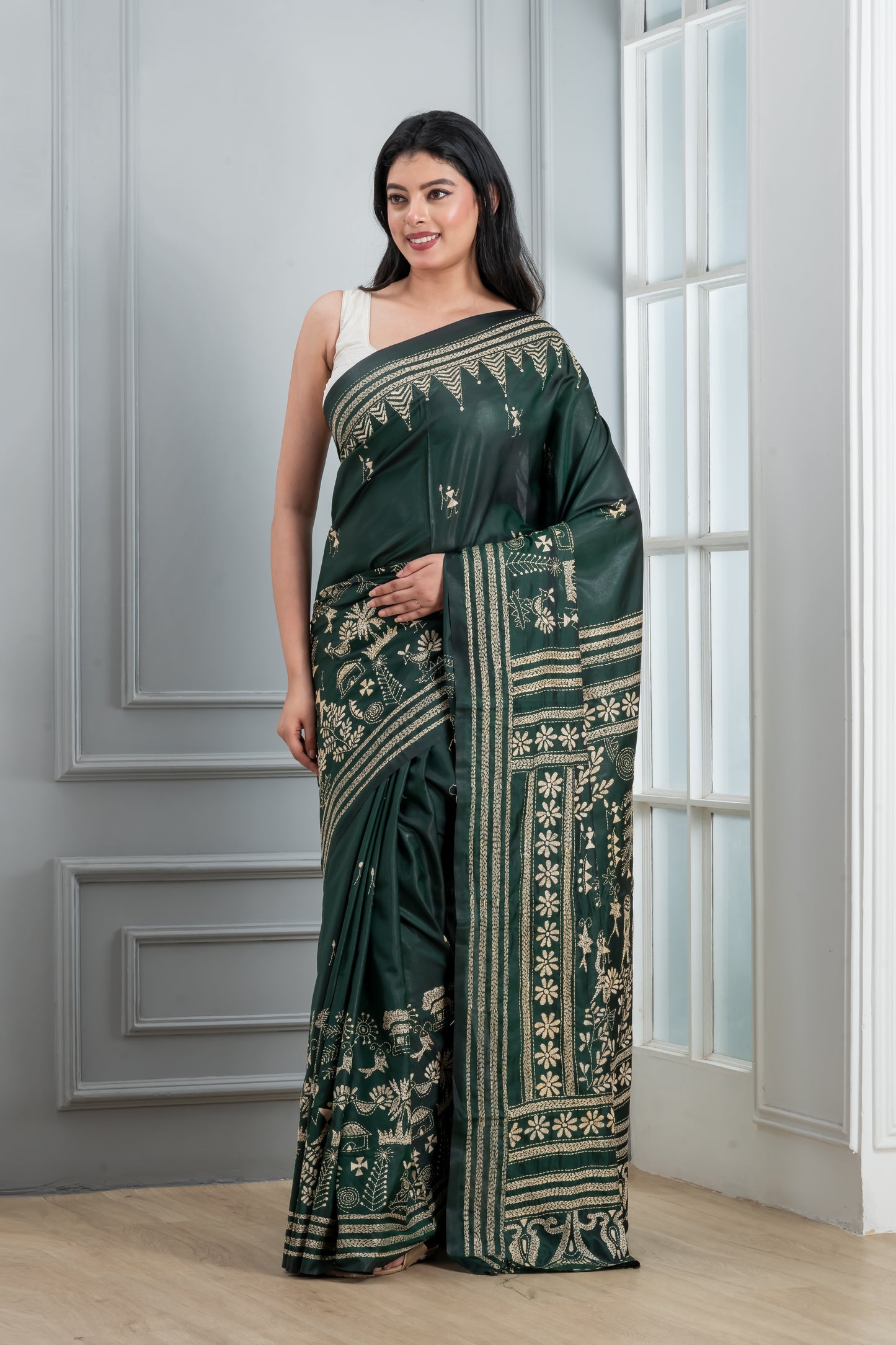 Green hand Kantha stitch saree