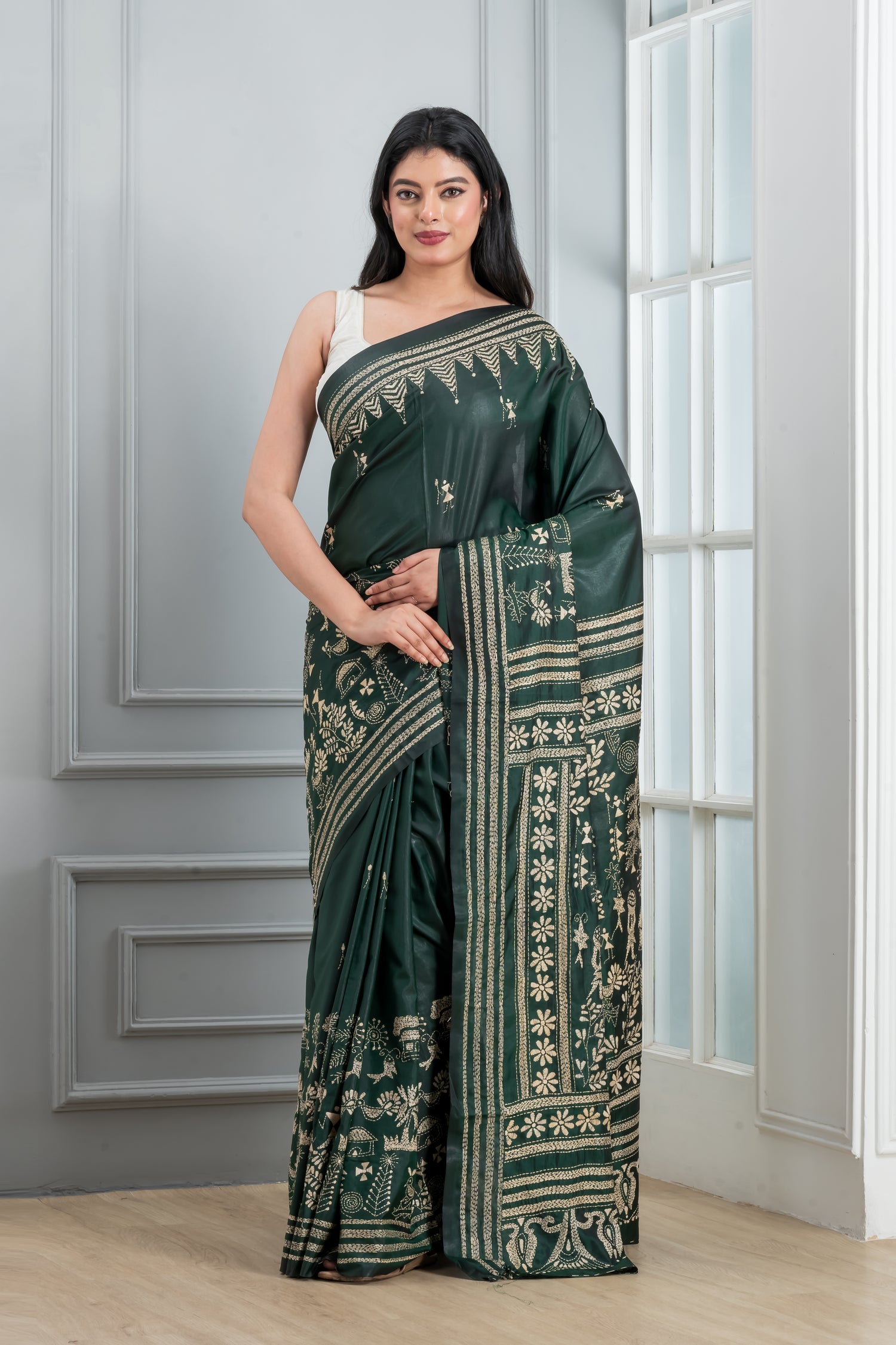 Green hand Kantha stitch saree