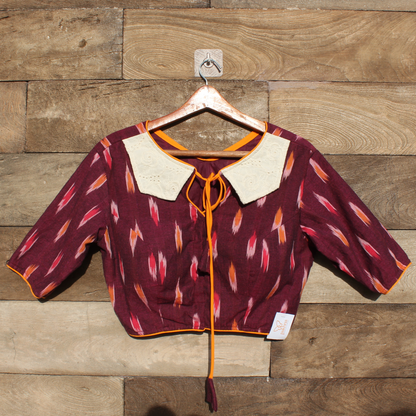 Maroon  ikkat Patterned Blouse with White Collar and Orange Accents