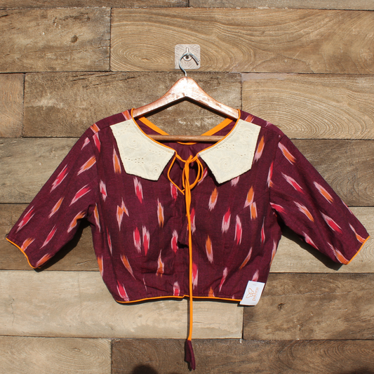 Maroon  ikkat Patterned Blouse with White Collar and Orange Accents