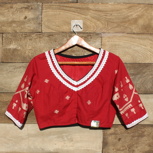 Red  jamdani  Blouse with White Lace Details
