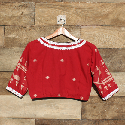Red  jamdani  Blouse with White Lace Details
