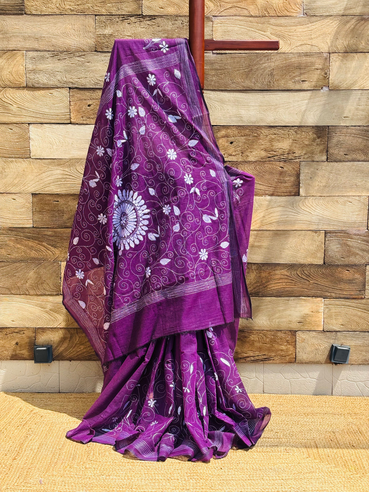 Purple pure cotton Kantha stitch saree