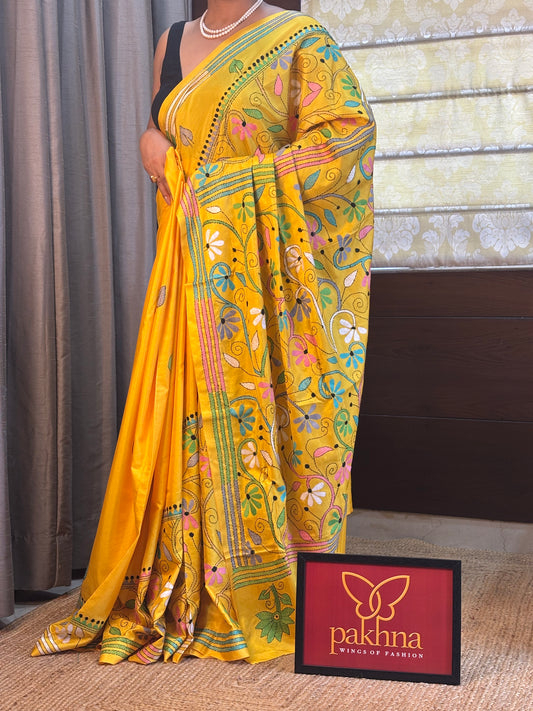 Yellow Kantha Stitch Saree  on Blended Bangalore silk
