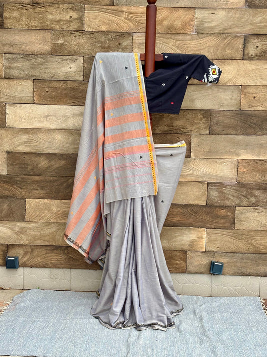Grey Pure Cotton Dhonekhali Handwoven Saree