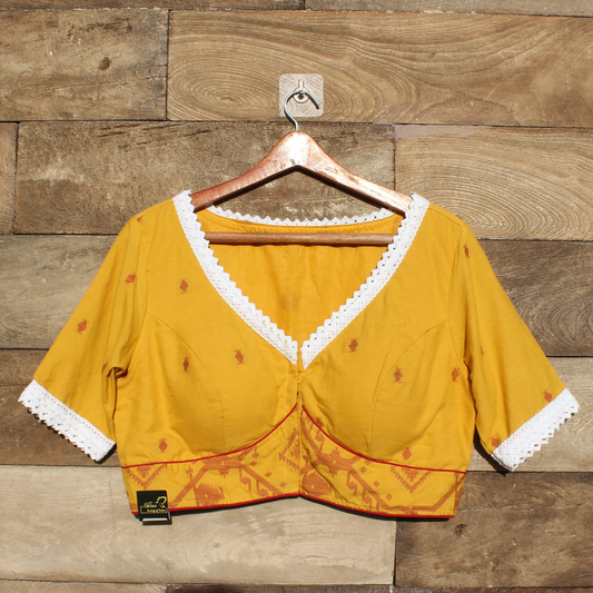 Yellow  jamdani  blouse with white lace trim