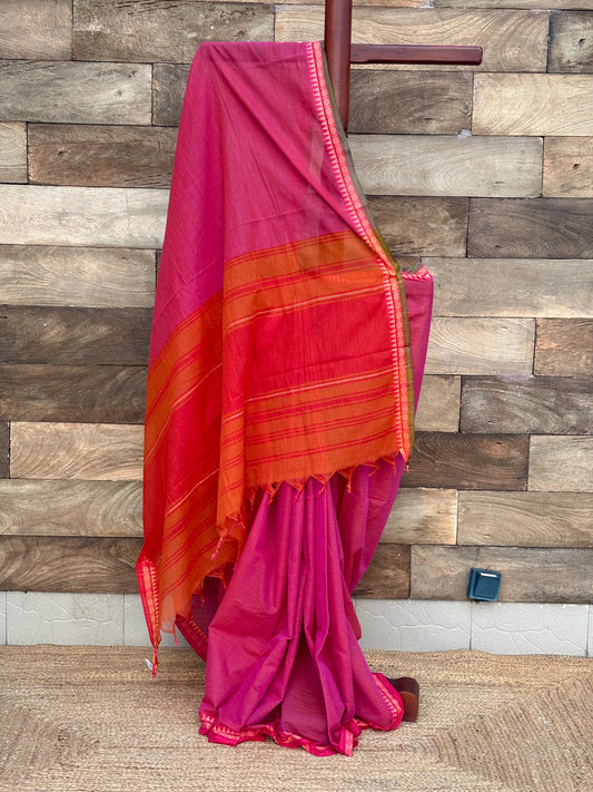Rani pink Pure Cotton Dhonekhali saree