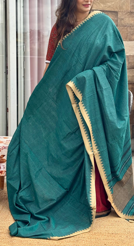 Pure Cotton Rama Green Dhonekhali Saree