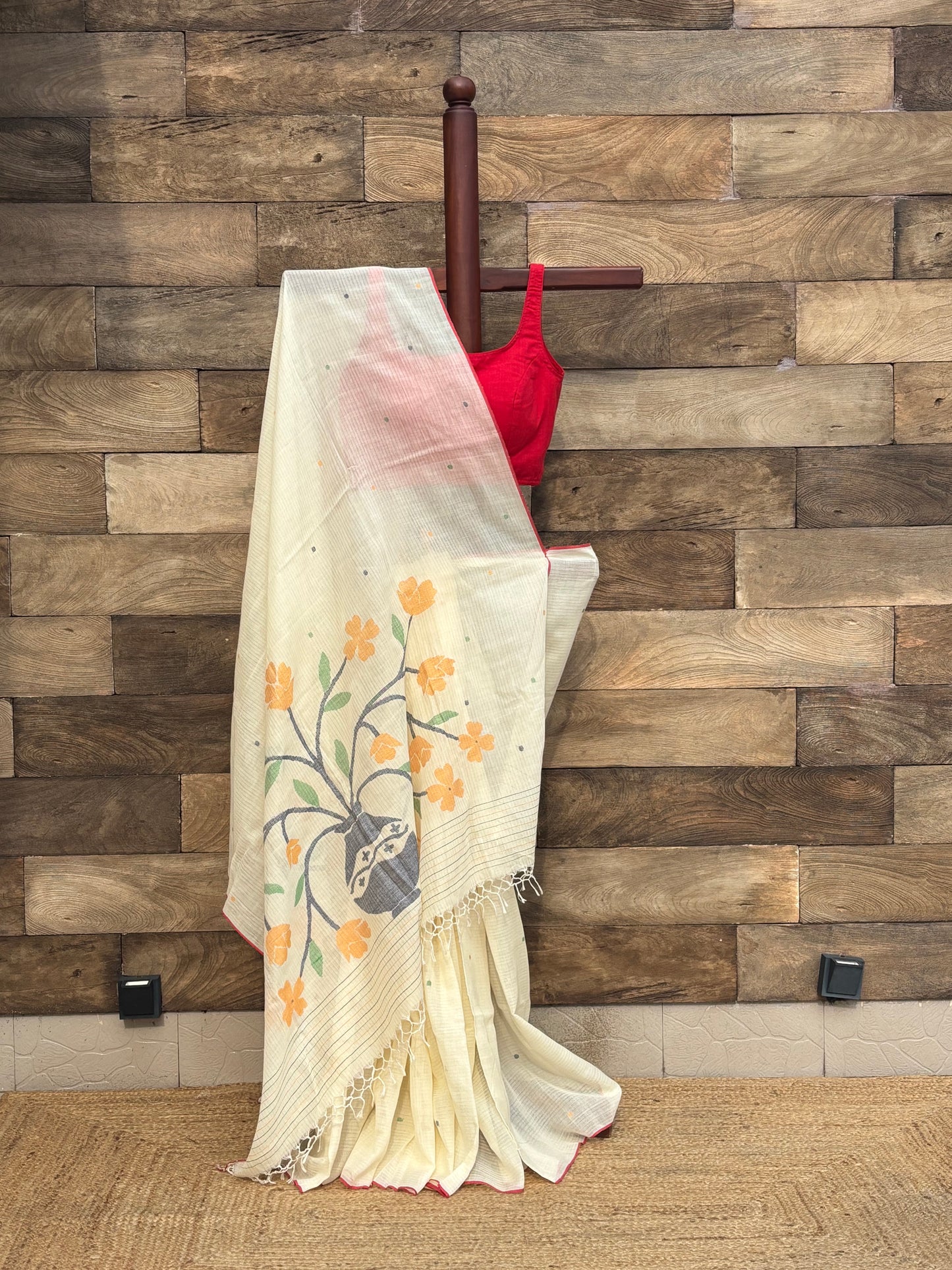 light Lemon Yellow Soft Pure Cotton  handwoven Bengal Jamdani Saree