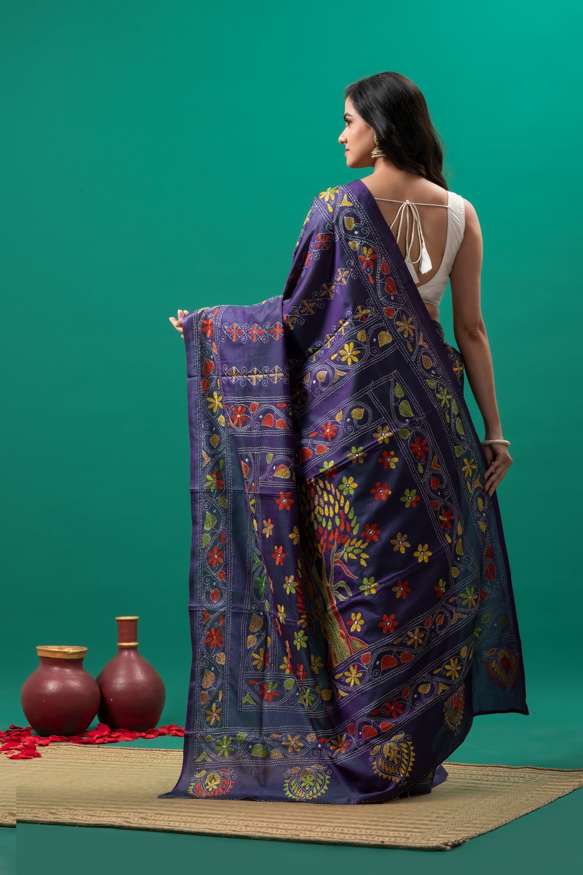 Purple Kantha stitch saree