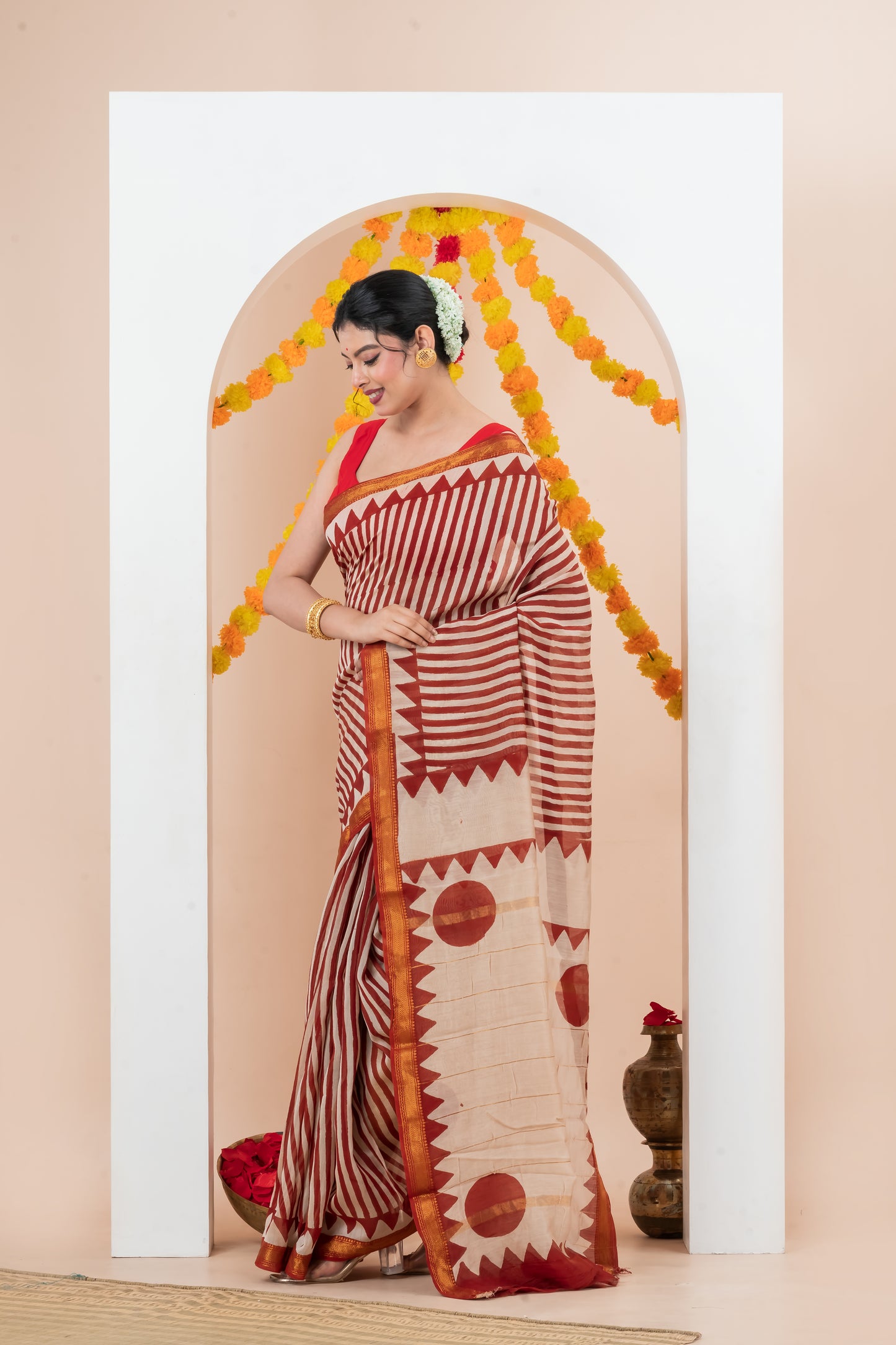 Maheshwari Silk Cotton  Natural  Block Printed  Saree
