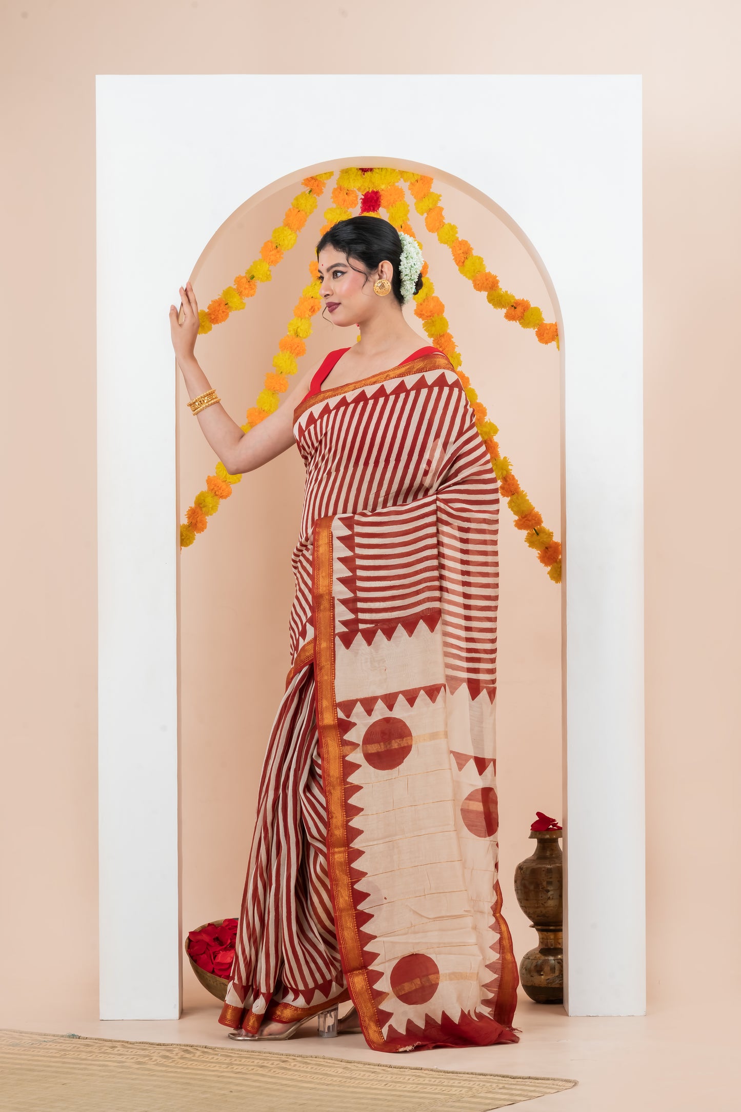 Maheshwari Silk Cotton  Natural  Block Printed  Saree