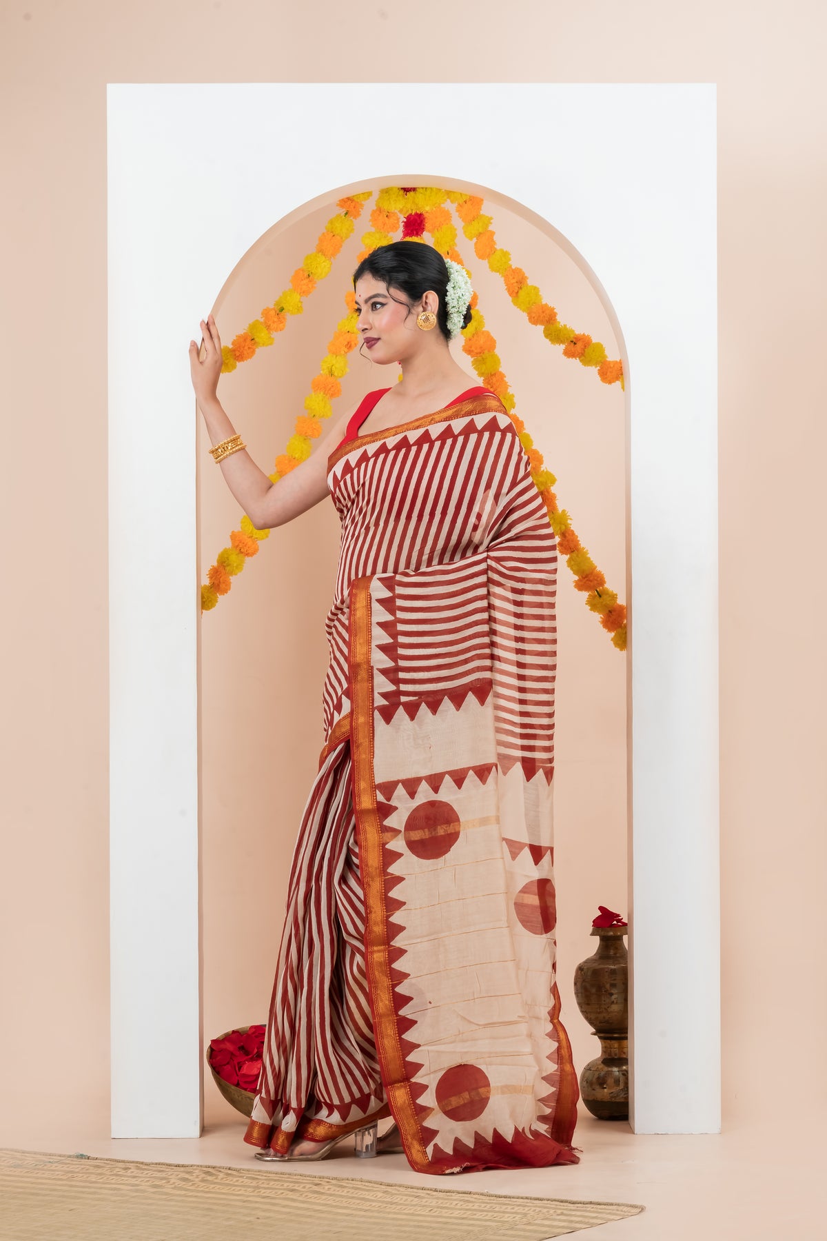 Maheshwari Silk Cotton  Natural  Block Printed  Saree
