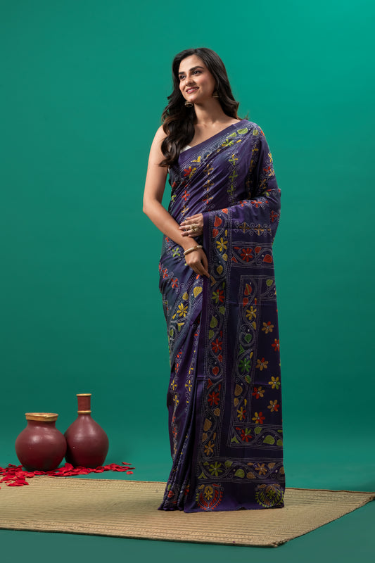 Purple Kantha stitch saree