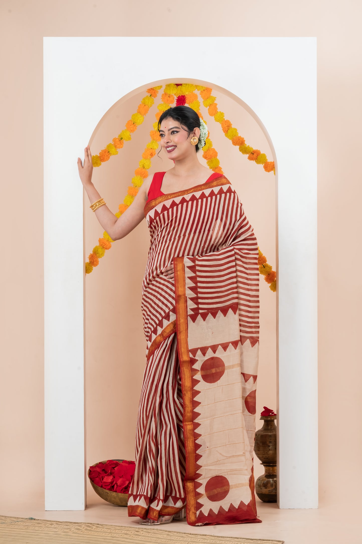 Maheshwari Silk Cotton  Natural  Block Printed  Saree