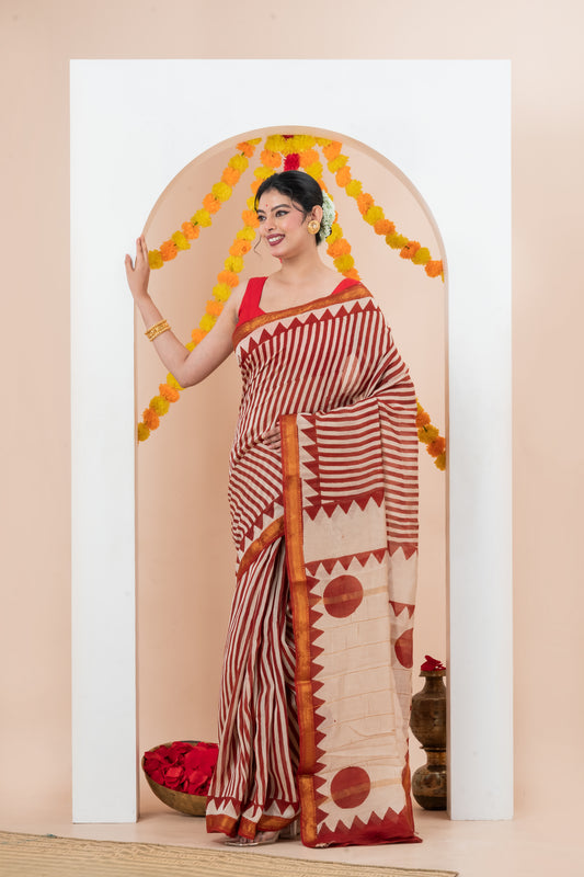 Maheshwari Silk Cotton  Natural  Block Printed  Saree