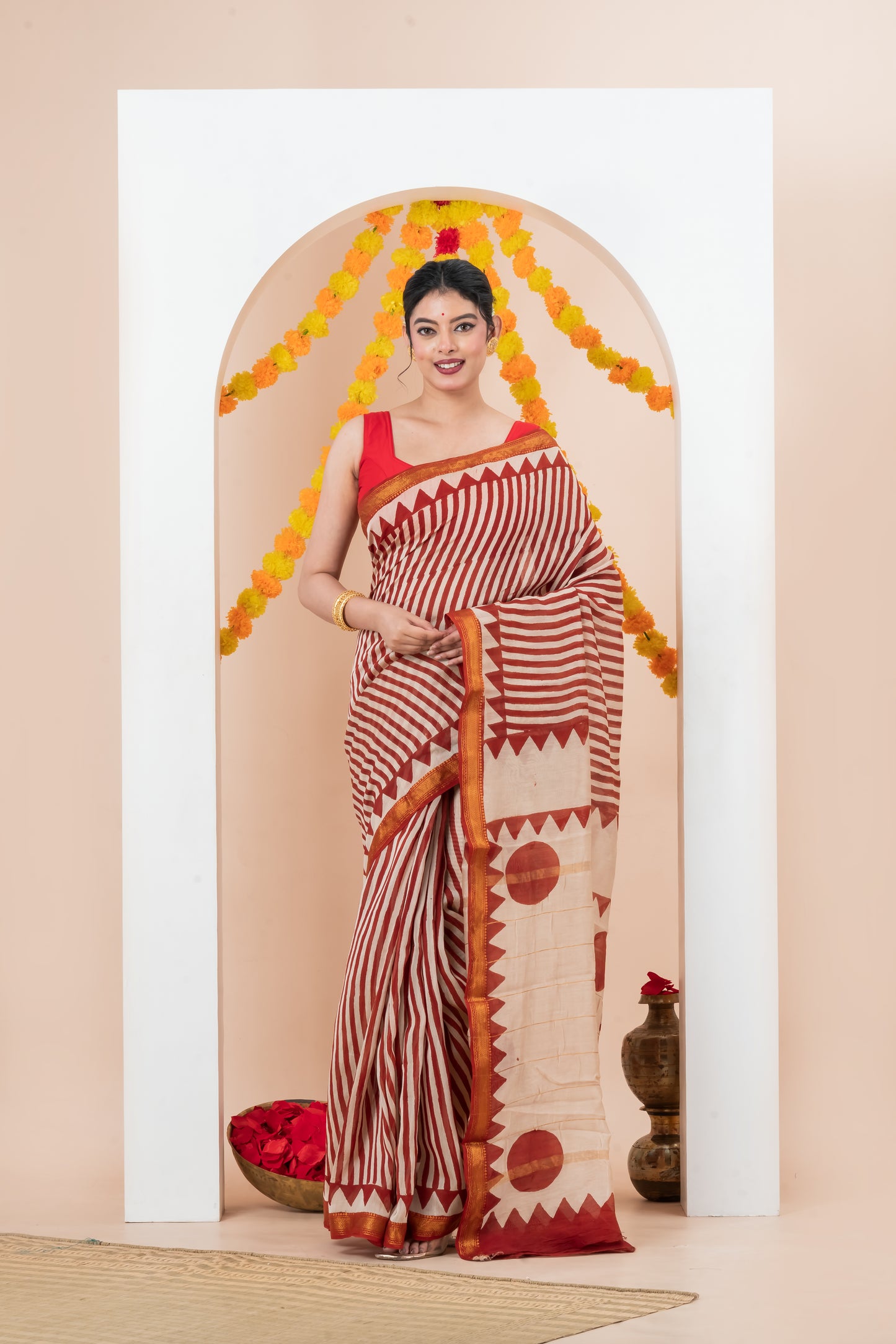 Maheshwari Silk Cotton  Natural  Block Printed  Saree