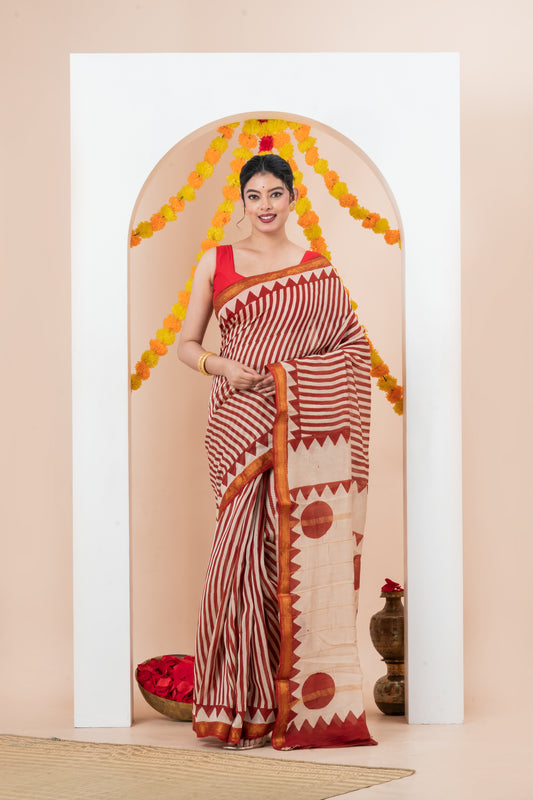 Maheshwari Silk Cotton  Natural  Block Printed  Saree
