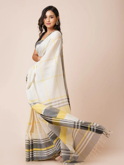 OFF WHITE HANDLOOM MULMUL COTTON SAREE