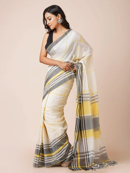 OFF WHITE HANDLOOM MULMUL COTTON SAREE