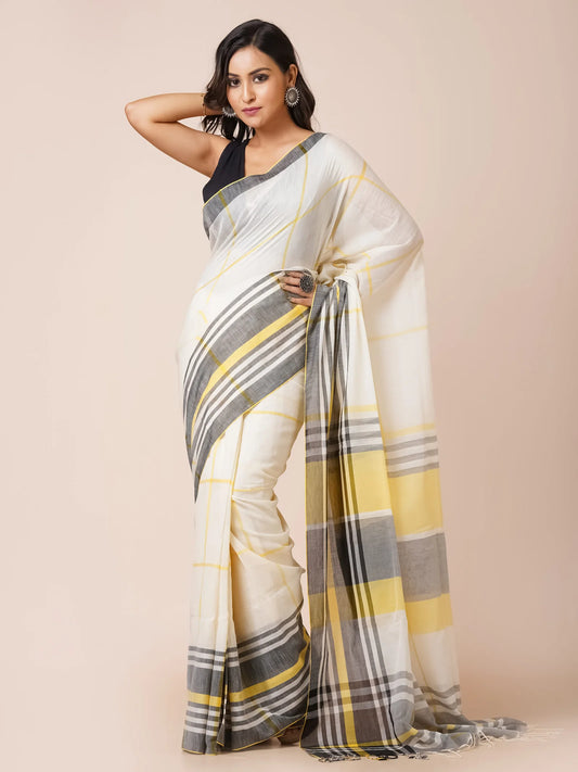 OFF WHITE HANDLOOM MULMUL COTTON SAREE