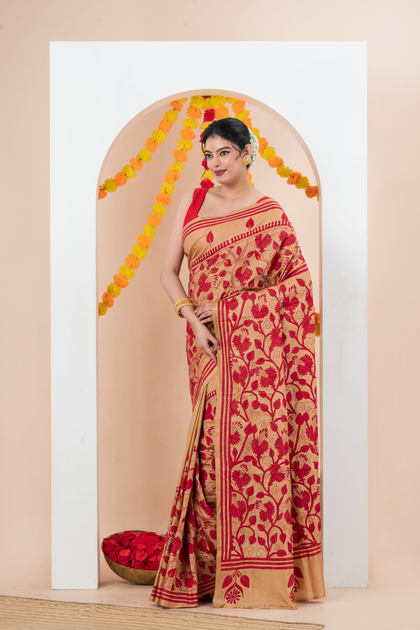 Red Floral-Patterned Saree