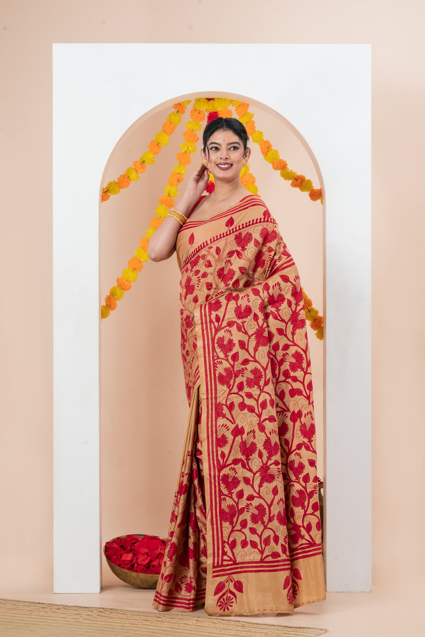 Red Floral-Patterned Saree